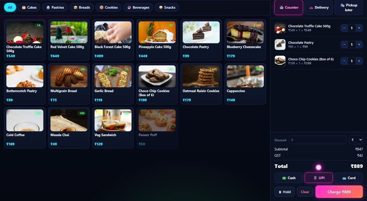 Websetu POS billing screen with menu and current bill