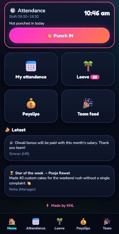 Staff app home with punch in and payslips